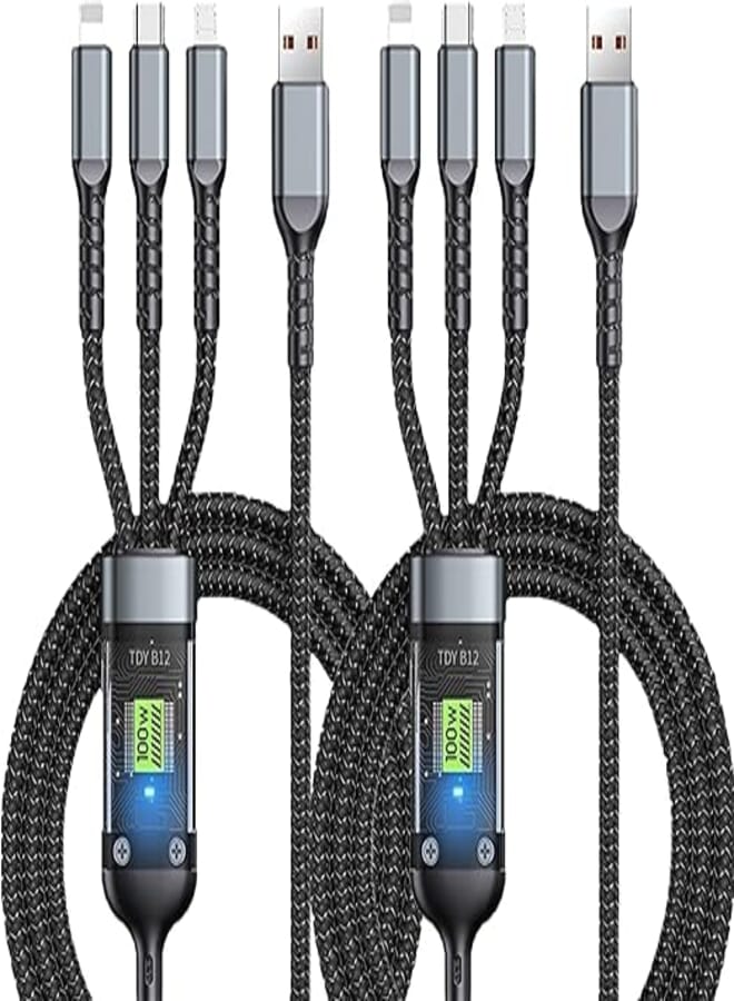 Multi Charging Cable, Transparent Luminous Multi Charger Cable, Universal 3 in 1 Multiple USB Cable Fast Charging Cord, with Type-C, Micro USB and IP Port for Cell Phones and More (2 Pack)